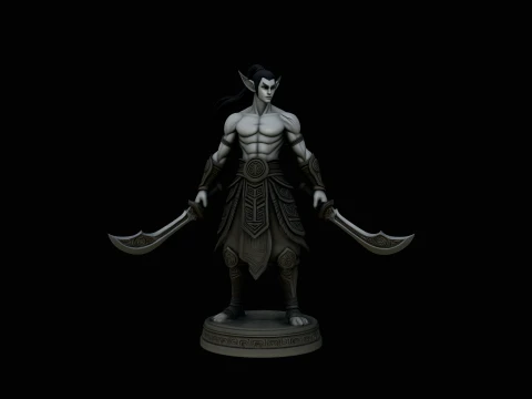 Dark Elf Dual Blade Statue Design 1 - 3D Print Model 3Dプリントモデル