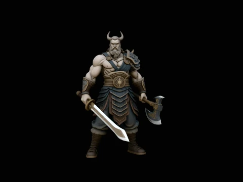 Norse Warrior with Sword and Axe Statue Design 2 - 3D Print Model Modello di stampa 3D