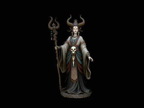 Horned Skull Staff Priestess Statue Design 1 - 3D Print Model Modèles 3D en vedette