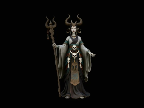 Horned Skull Staff Priestess Statue Design 2 - 3D Print Model Modello di stampa 3D