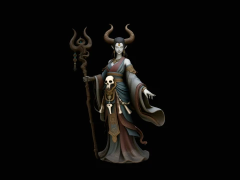 Horned Skull Staff Priestess Statue Design 3 - 3D Print Model 3D 프린트 모델