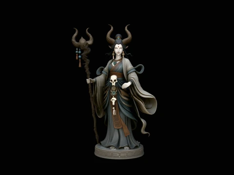 Horned Skull Staff Priestess Statue Design 4 - 3D Print Model Modelo de Impressão 3D