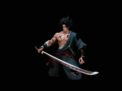 Anime Samurai Swordsman Statue Design 6 - 3D Print Model 3D Baskı Modeli