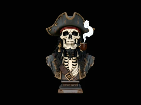 Pipe Smoking Pirate Skull Bust Statue Design 2 - 3D Print Model 3D Druckmodell