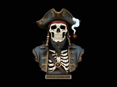 Pipe Smoking Pirate Skull Bust Statue Design 3 - 3D Print Model 3D Druckmodell