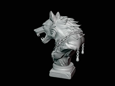 Chained Wolf Bust Statue Design 1 - 3D Print Model 3D Print Model