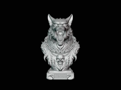 Chained Wolf Bust Statue Design 3 - 3D Print Model 3D Print Model