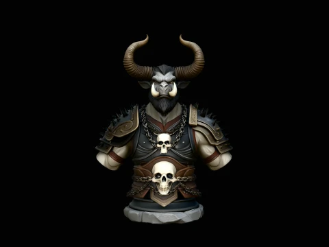 Horned Bull Warrior Bust Statue Design 2 - 3D Print Model Modelo de impresión 3D