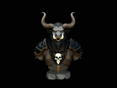 Horned Bull Warrior Bust Statue Design 4 - 3D Print Model Modelo de impresión 3D