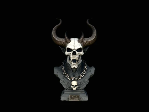 Horned Skull Bust Statue Design 1 - 3D Print Model Modelo de impresión 3D