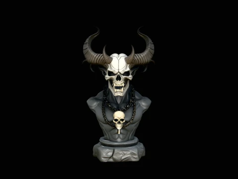 Horned Skull Bust Statue Design 2 - 3D Print Model Modelo de impresión 3D