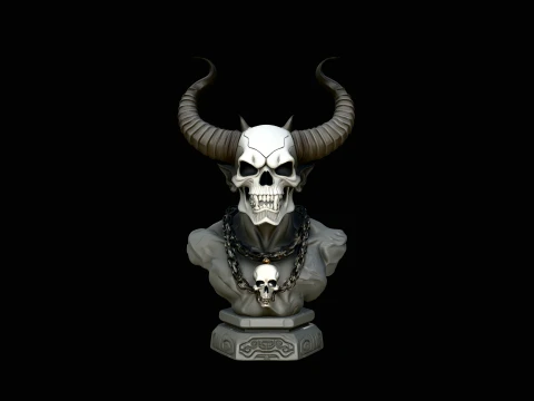 Horned Skull Bust Statue Design 3 - 3D Print Model Modelo de impresión 3D