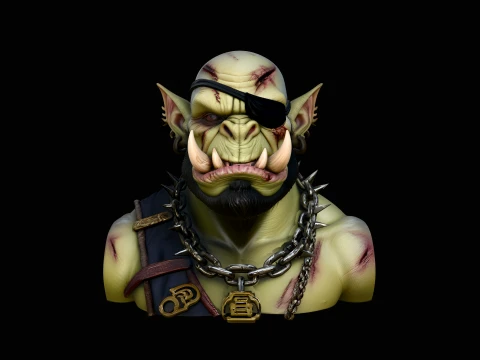 Eyepatch Orc Warlord Bust Statue Design 3 - 3D Print Model Modelo de impresión 3D