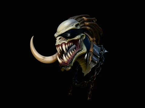 Tusked Alien Hunter Bust Statue Design 1 - 3D Print Model Modelo de impresión 3D