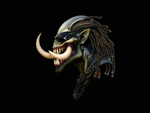 Tusked Alien Hunter Bust Statue Design 2 - 3D Print Model Modelo de impresión 3D