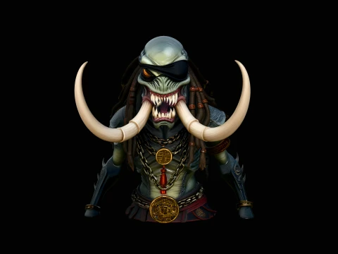 Tusked Alien Hunter Bust Statue Design 3 - 3D Print Model Modelo de impresión 3D