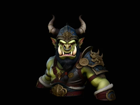 Horned Helm Orc Chieftain Bust Statue Design 2 - 3D Print Model Modelo de impresión 3D
