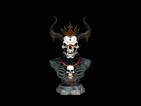 Crowned Horned Skull Bust Statue Design 1 - 3D Print Model Modelo de impresión 3D