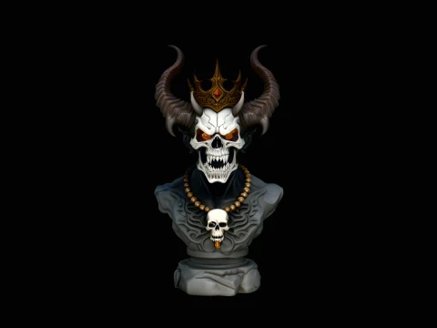 Crowned Horned Skull Bust Statue Design 2 - 3D Print Model Modelo de impresión 3D