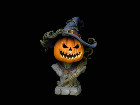 Witch Hat Pumpkin Bust Statue Design 1 - 3D Print Model Modelo de impresión 3D