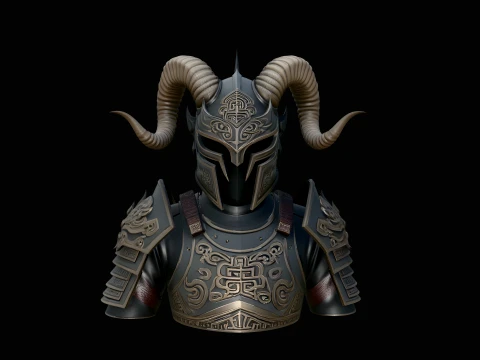Ram Horn Helmet Armor Bust Statue Design 1 - 3D Print Model 3D Print Model