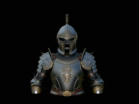Gilded Plate Knight Bust Statue Design 4 - 3D Print Model Modelo de Impressão 3D
