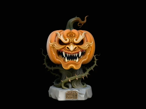Demon Face Pumpkin Statue Design 1 - 3D Print Model Modelo de impresión 3D