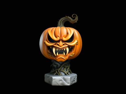 Demon Face Pumpkin Statue Design 3 - 3D Print Model Modelo de impresión 3D