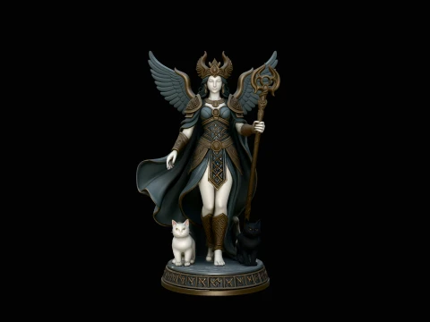 Winged Goddess with Cats Statue Design 3 - 3D Print Model Modelo de impresión 3D