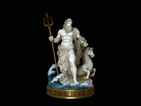 Poseidon on Sea Horse Statue Design 3 - 3D Print Model Modèles 3D en vedette