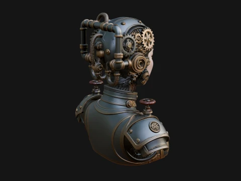 Steampunk Clockwork Head Bust Design 1 - 3D Print Model Modèles 3D en vedette