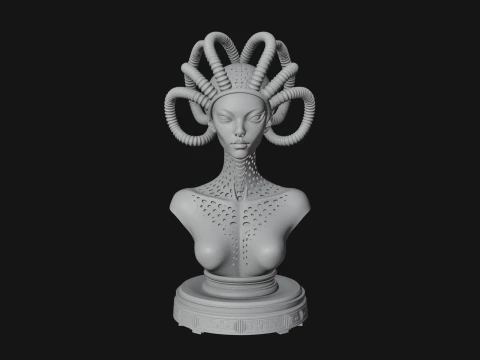 Alien Bust with Tube Crown Statue Design 1 - 3D Print Model 3D Print Model