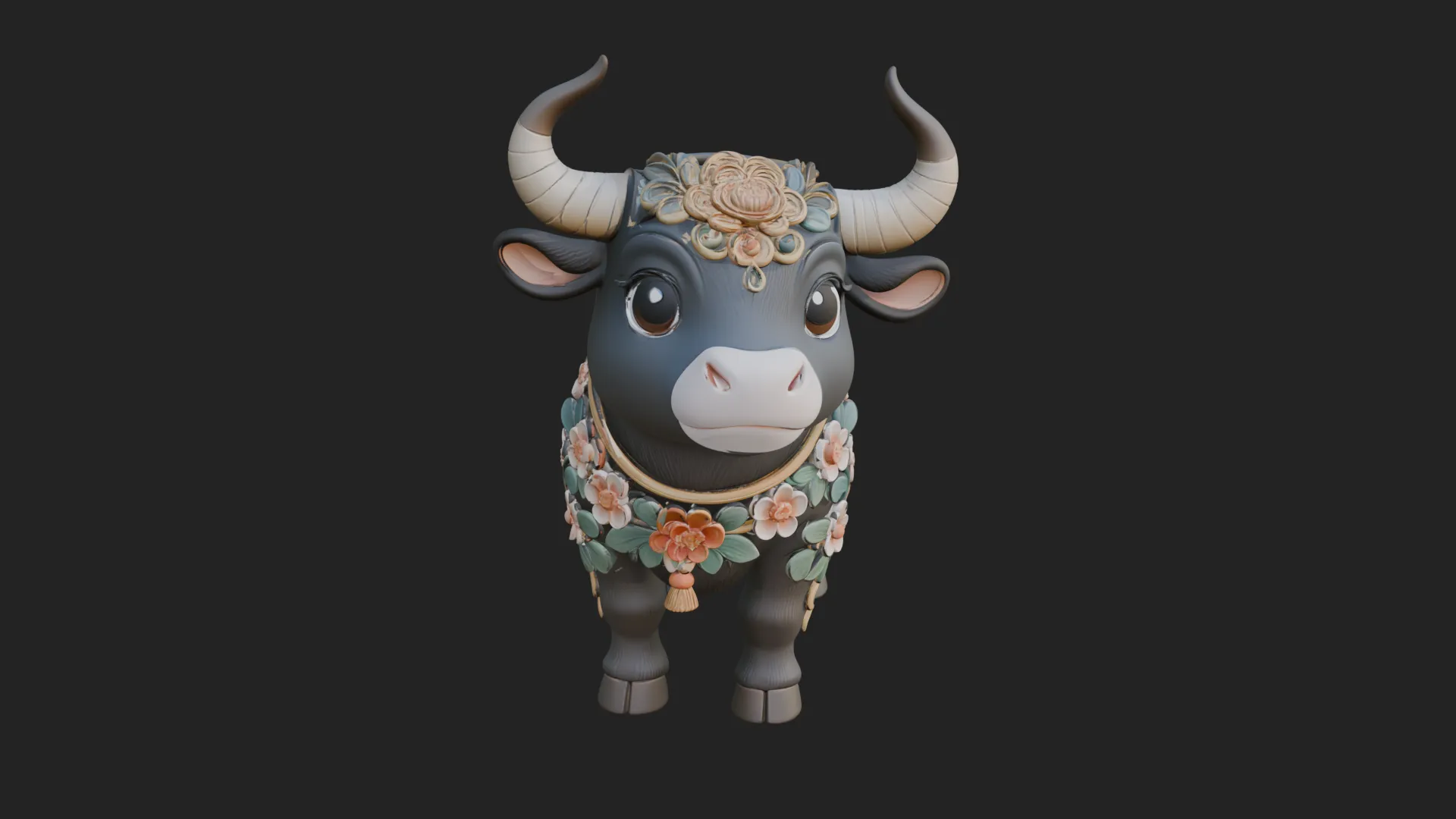 Floral Chibi Ox Statue Design 2 - 3D Print Model 3D Print Model .c4d .max .obj .3ds .fbx .stl .blend 
