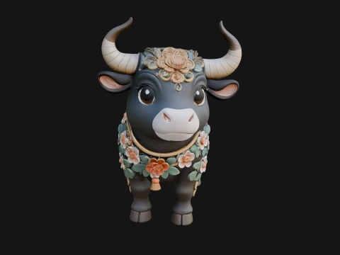 Floral Chibi Ox Statue Design 2 - 3D Print Model Modelo de impresión 3D