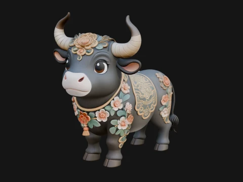 Floral Chibi Ox Statue Design 2 - 3D Print Model 3D Print Model