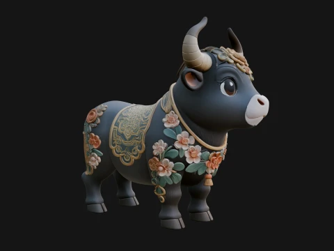 Floral Chibi Ox Statue Design 2 - 3D Print Model 3D Print Model