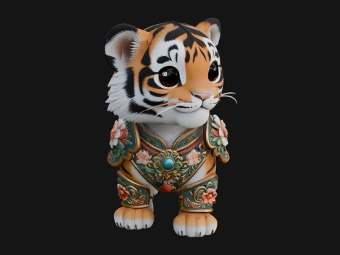 Floral Chibi Tiger Statue Design 2 - 3D Print Model Modelo de impresión 3D