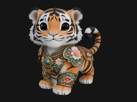 Floral Chibi Tiger Statue Design 2 - 3D Print Model 3D Print Model