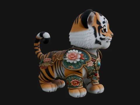 Floral Chibi Tiger Statue Design 2 - 3D Print Model 3D Print Model