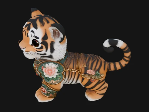 Floral Chibi Tiger Statue Design 2 - 3D Print Model 3D Print Model