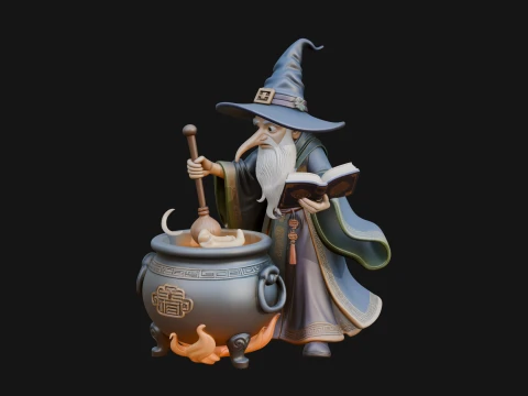 Wizard with Cauldron Statue Design 1 - 3D Print Model 3D Print Model