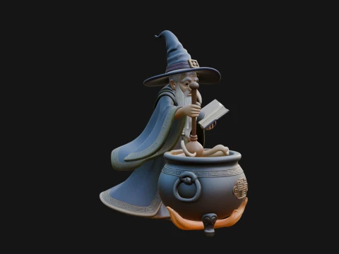 Wizard with Cauldron Statue Design 1 - 3D Print Model 3D Print Model