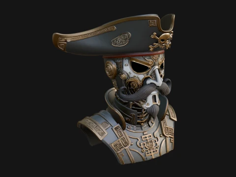 Steampunk Pirate Captain Bust Statue Design 1 - 3D Print Model 3D Print Model