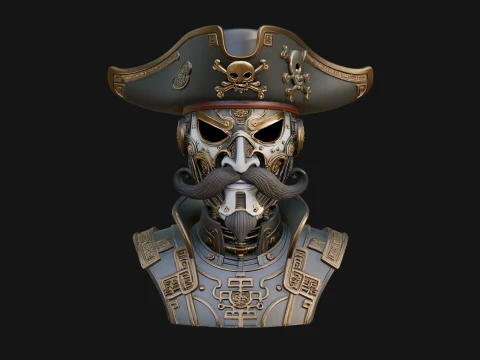 Steampunk Pirate Captain Bust Statue Design 1 - 3D Print Model 3D Print Model
