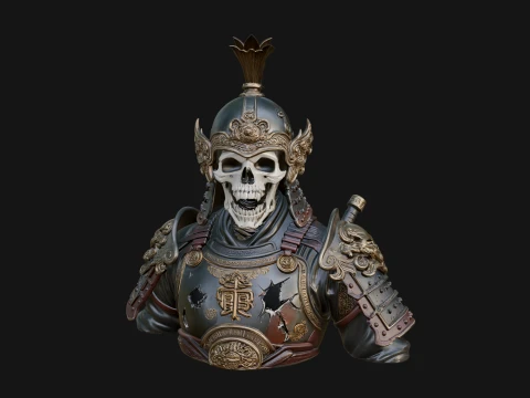 Skull Samurai Bust Statue Design 2 - 3D Print Model 3D Print Model