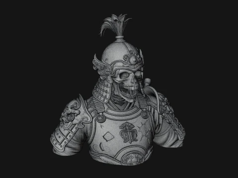 Skull Samurai Bust Statue Design 2 - 3D Print Model 3D Print Model