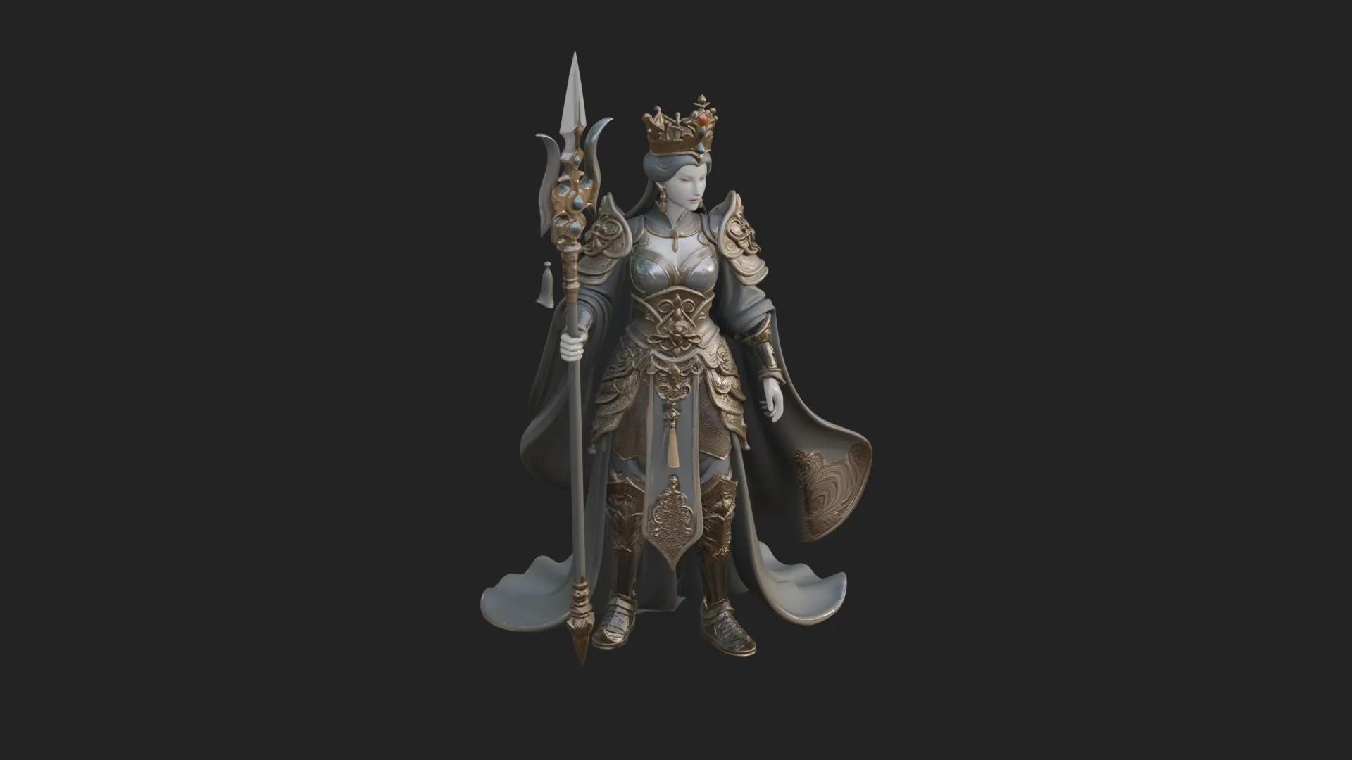 Crowned Queen with Spear Statue Design 1 - 3D Print Model 3D Print Model .c4d .max .obj .3ds .fbx .stl .blend 