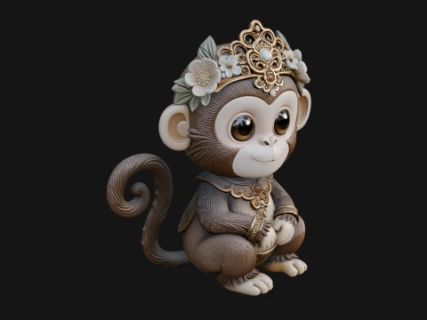 Floral Chibi Monkey Statue Design 1 - 3D Print Model Modelo de impresión 3D