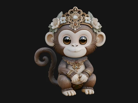 Floral Chibi Monkey Statue Design 1 - 3D Print Model 3D Print Model