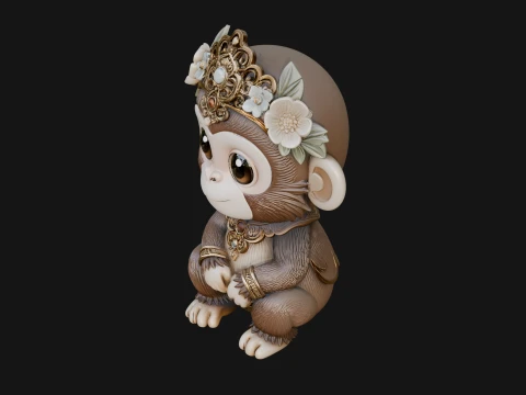 Floral Chibi Monkey Statue Design 1 - 3D Print Model 3D Print Model